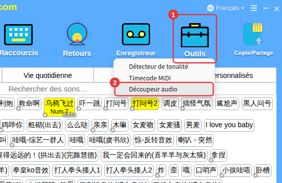 Outils dans la barre d’outils → Découpeur audio