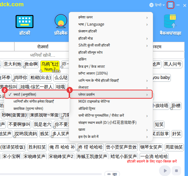“अन्य सेटिंग्स” → “प्लेयर प्रदर्शन”