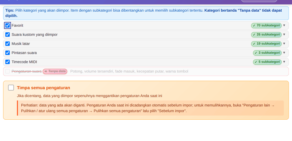 Impor paket suara: pilih kategori dan apakah akan menimpa semua pengaturan