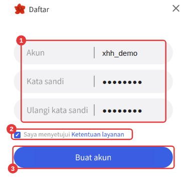 Jendela pendaftaran: ① isi akun dan kata sandi ② centang persetujuan ③ klik Buat akun