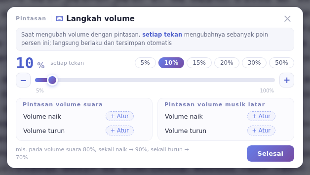 Contoh: saat volume suara 80%, sekali tekan naik menjadi 90% dan sekali tekan turun menjadi 70%