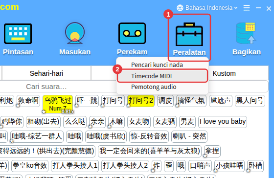 Peralatan di bilah alat → Timecode MIDI