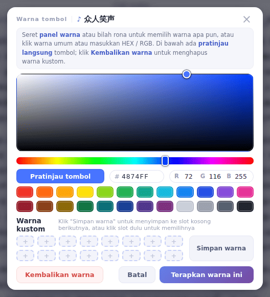 Pilih warna dan klik Terapkan warna ini; Kembalikan warna menghapus warna khusus suara itu