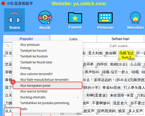 Klik kanan suara → Atur kecepatan putar