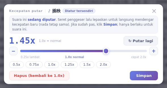 Jendela Kecepatan putar: 1.0x adalah kecepatan normal, di atas 1 lebih cepat, di bawah 1 lebih lambat