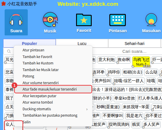 Klik kanan suara → Atur fade masuk/keluar tersendiri