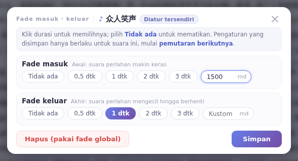 Jendela Fade masuk · keluar: pilih durasi fade masuk dan keluar