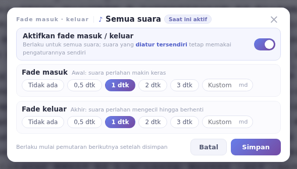 Fade untuk semua suara: nyalakan sakelar dan pilih durasinya