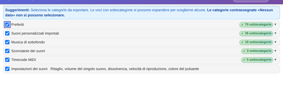 Seleziona le categorie da esportare e fai clic su Esporta