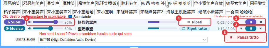 ① Pausa/stop dei suoni ② precedente/riproduci-pausa/successivo della musica ③ Pausa tutto ④ ripetizione dei suoni ⑤ volume