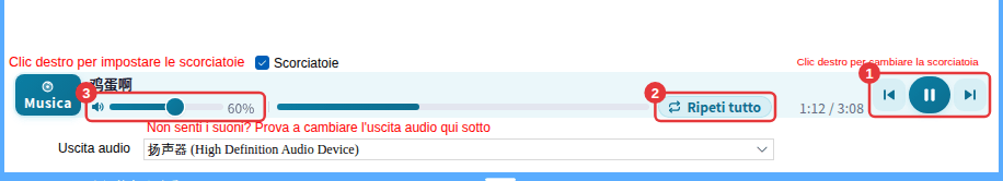 ① Precedente / riproduci-pausa / successivo ② ordine di riproduzione ③ volume della musica