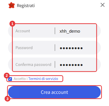 Finestra di registrazione: ① inserisci account e password ② seleziona l’accettazione ③ fai clic su Crea account