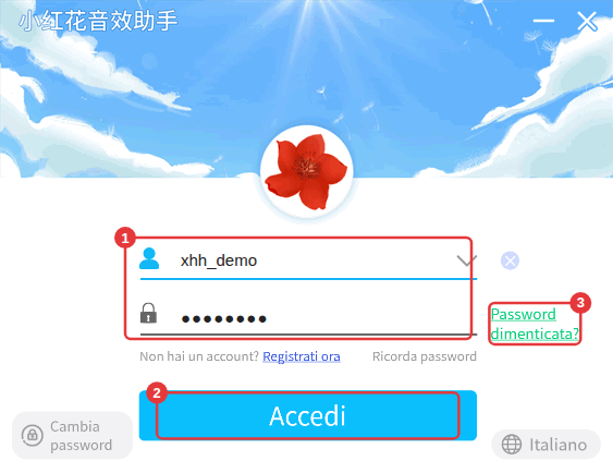 ① Account e password ② fai clic su Accedi ③ fai clic su Password dimenticata? se non la ricordi