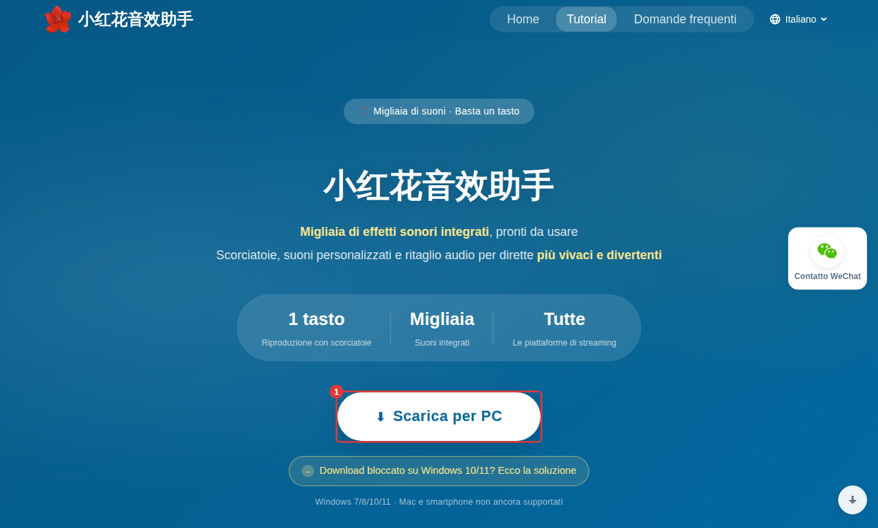 Home del sito ufficiale: fai clic sul pulsante per scaricare la versione per PC