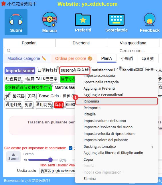 Menu contestuale di un suono personalizzato (esempio: Rinomina)