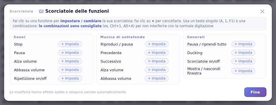 La finestra Scorciatoie delle funzioni