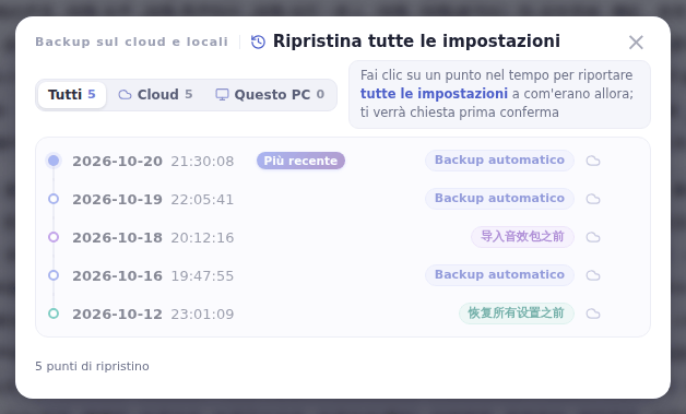La finestra Ripristina tutte le impostazioni: scegli un punto di ripristino