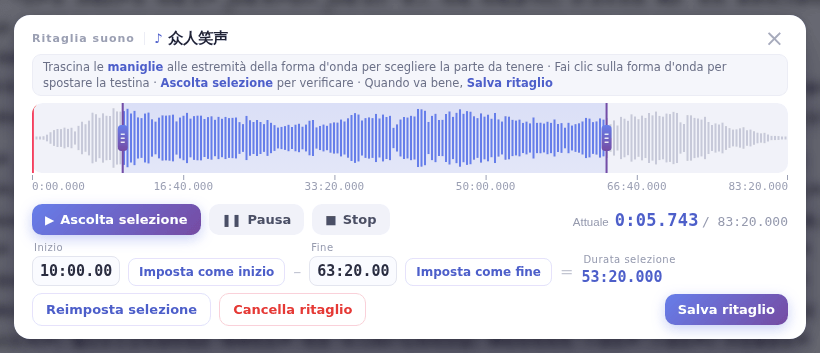 La finestra Ritaglia suono: trascina le maniglie, ascolta e poi Salva ritaglio