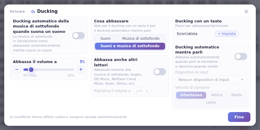 La finestra Ducking: le modifiche valgono subito e si salvano da sole