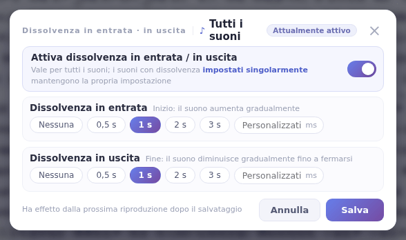 Dissolvenze per tutti i suoni: attiva l’interruttore e scegli le durate