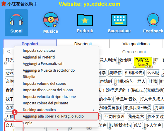 Clic destro su un suono → Aggiungi alla libreria di Ritaglio audio