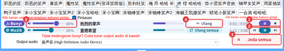 ① Jeda/henti untuk bunyi ② sebelumnya/main-jeda/seterusnya untuk muzik ③ Jeda semua ④ ulang bunyi ⑤ kelantangan