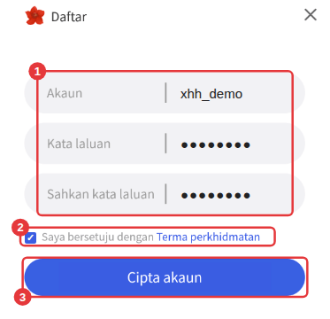 Tetingkap pendaftaran: ① isi akaun dan kata laluan ② tandakan persetujuan ③ klik Cipta akaun