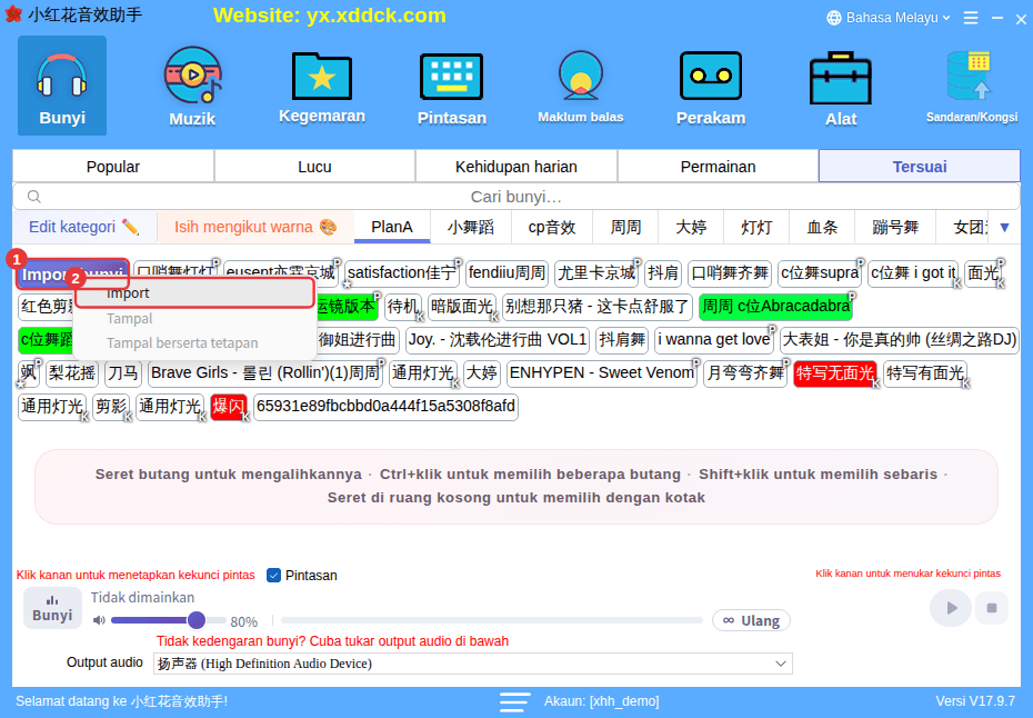 Klik kanan Import bunyi: Import / Tampal / Tampal berserta tetapan