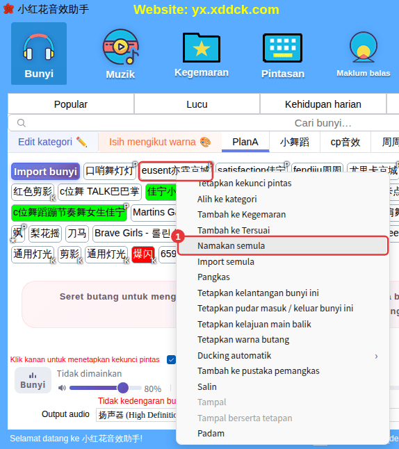 Menu klik kanan bunyi tersuai (contoh: Namakan semula)