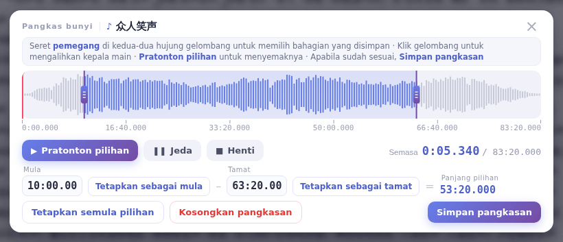 Tetingkap Pangkas bunyi: seret pemegang pada gelombang untuk memilih bahagian, pratonton, kemudian Simpan pangkasan