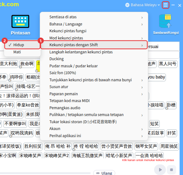 ≡ di penjuru kanan atas → Kekunci pintas dengan Shift