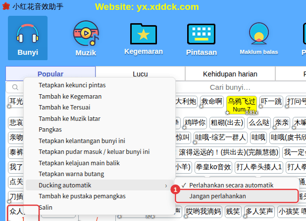 Klik kanan bunyi → Ducking automatik → Jangan perlahankan