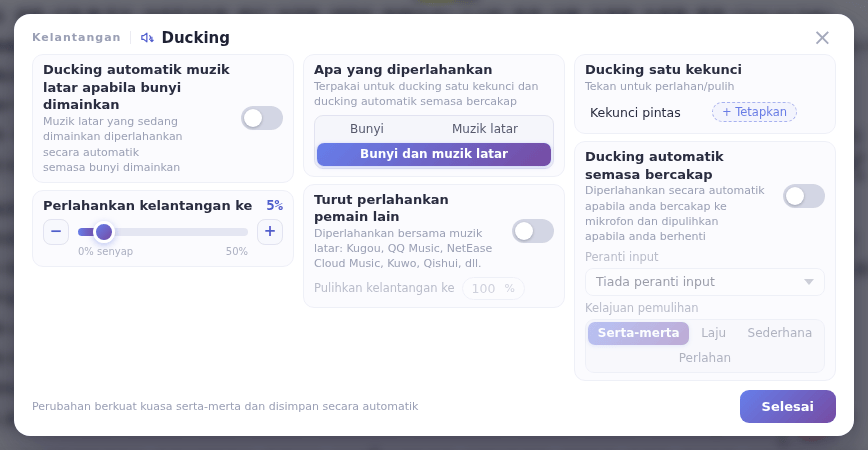Tetingkap Ducking: perubahan berkuat kuasa serta-merta dan disimpan secara automatik