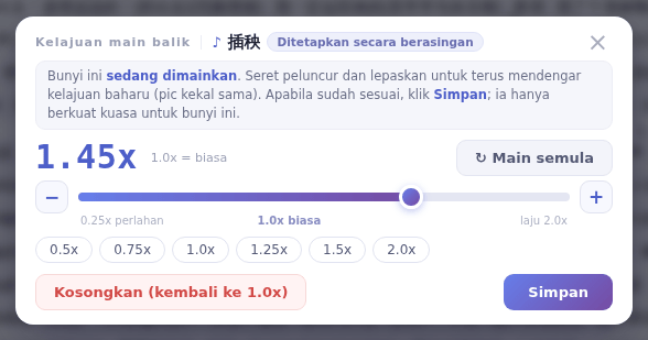 Tetingkap Kelajuan main balik: 1.0x ialah kelajuan biasa, lebih daripada 1 lebih laju, kurang daripada 1 lebih perlahan