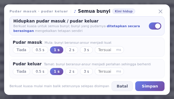 Pudar untuk semua bunyi: hidupkan suis dan pilih tempohnya