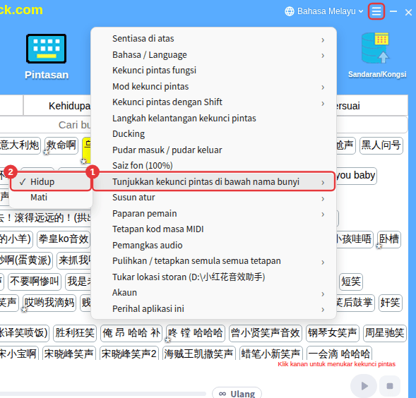 Tetapan lain → Tunjukkan kekunci pintas di bawah nama bunyi