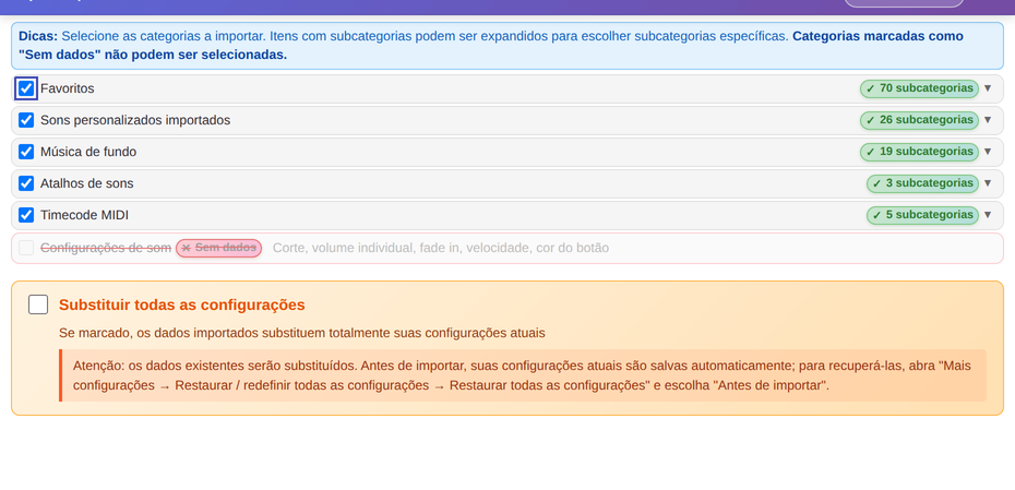 Um pacote reconhecido mostra na janela de importação as categorias que podem ser importadas