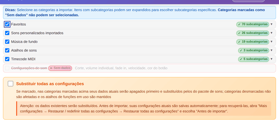 Importar um pacote de sons: escolha as categorias e se substitui todas as configurações