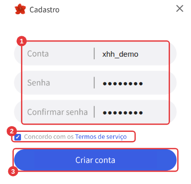 Janela de cadastro: ① preencha conta e senha ② marque a concordância ③ clique em Criar conta