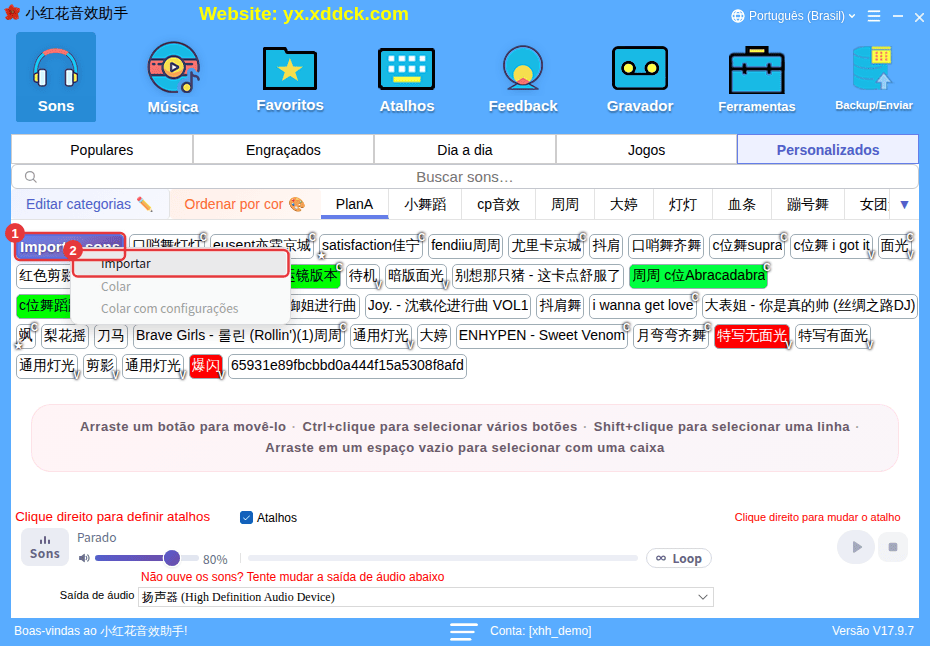 Clique direito em Importar sons: Importar / Colar / Colar com configurações