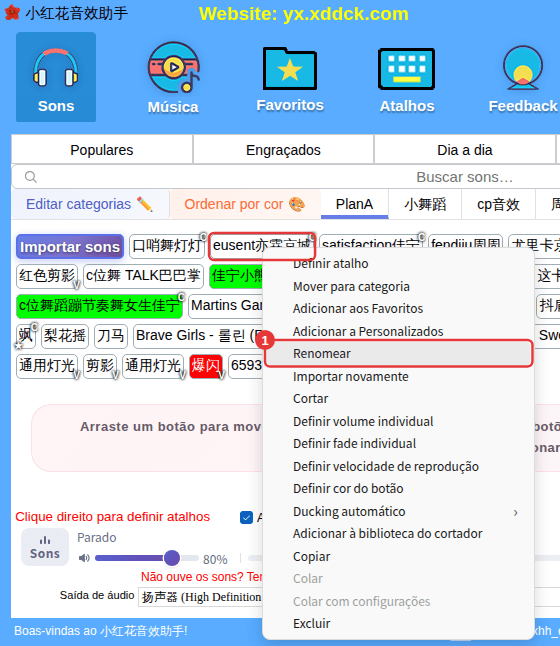 Menu de contexto de um som personalizado (exemplo: Renomear)