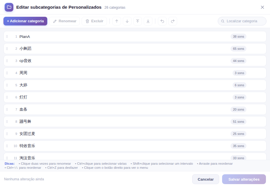 A janela Editar categorias: adicionar, renomear, excluir e arrastar para ordenar