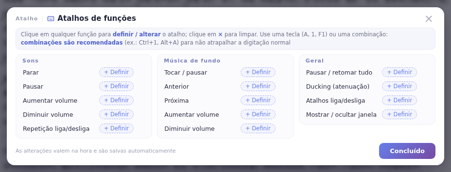 A janela Atalhos de funções