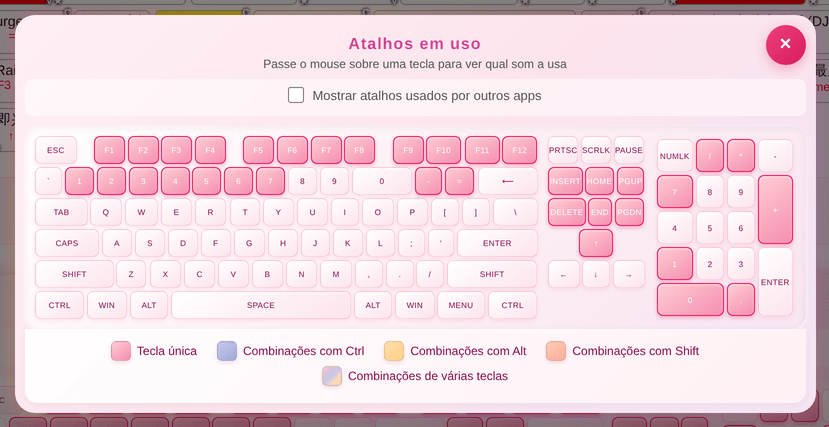 O teclado Atalhos em uso