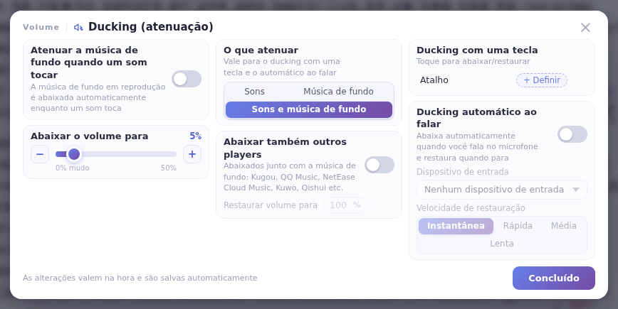 As configurações de ducking