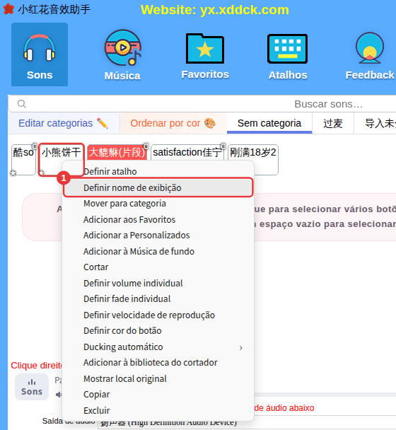 Menu de contexto de um favorito (exemplo: Definir nome de exibição)