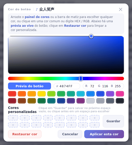 Escolha uma cor e clique em Aplicar esta cor; Restaurar cor tira a cor própria