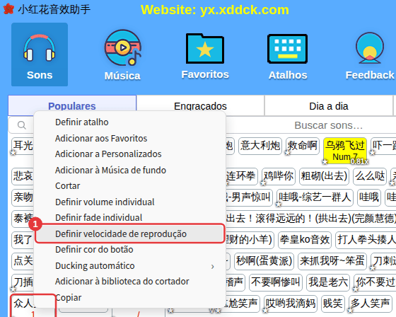 Clique direito em um som → Definir velocidade de reprodução