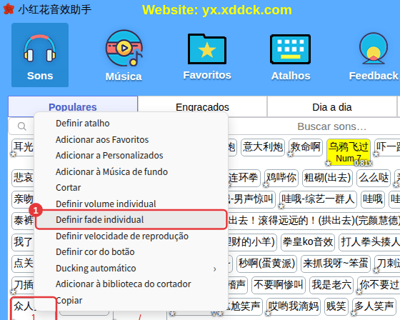 Clique direito em um som → Definir fade individual