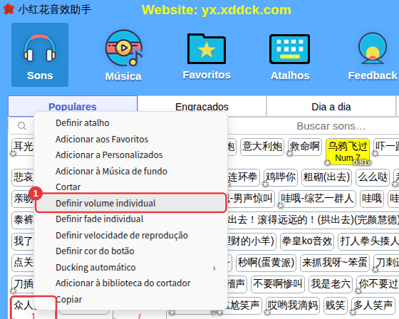 Clique direito em um som → Definir volume individual